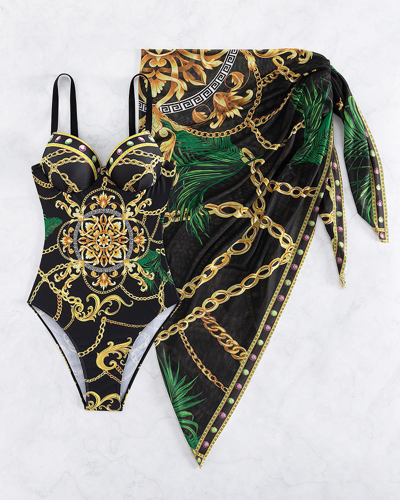 Baroque Gold Chain Print Push-Up Swimsuit with Cover-Up Skirt