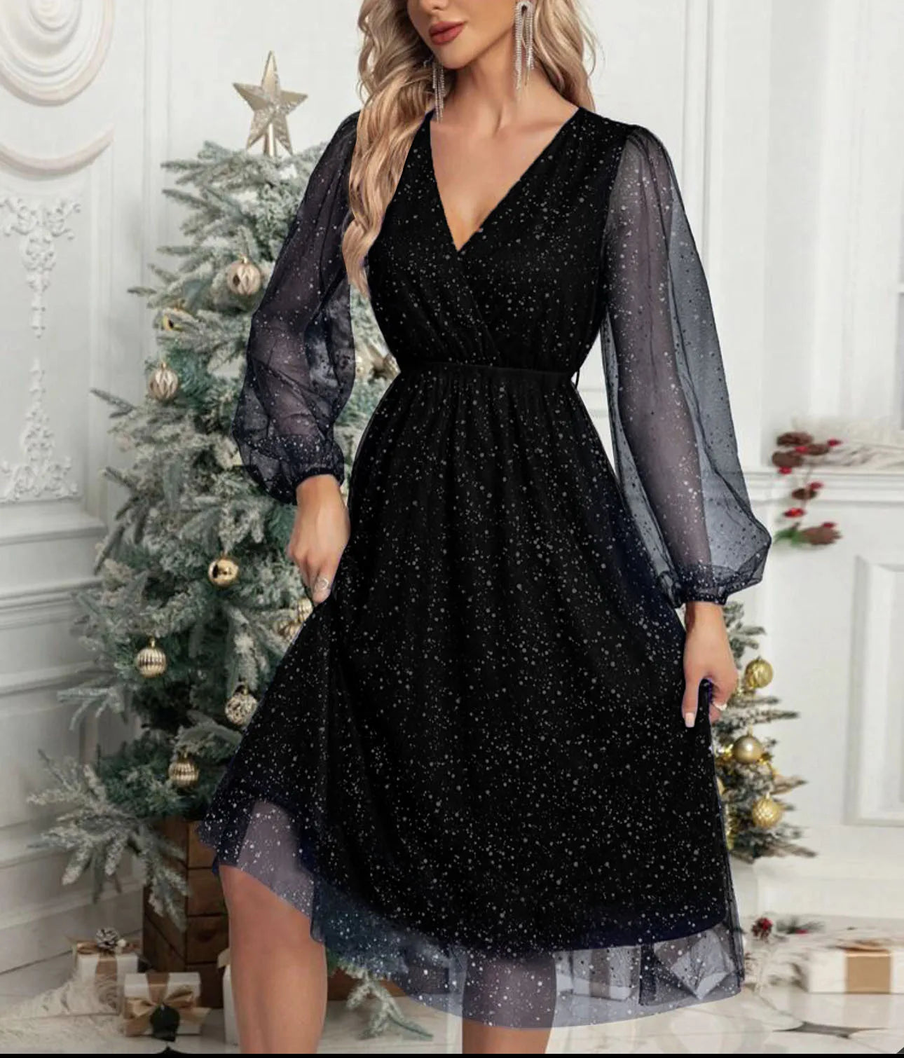 Black Dress – Elegant Slim Fit V-Neck for Wedding Guests or Cocktail Parties — model wearing