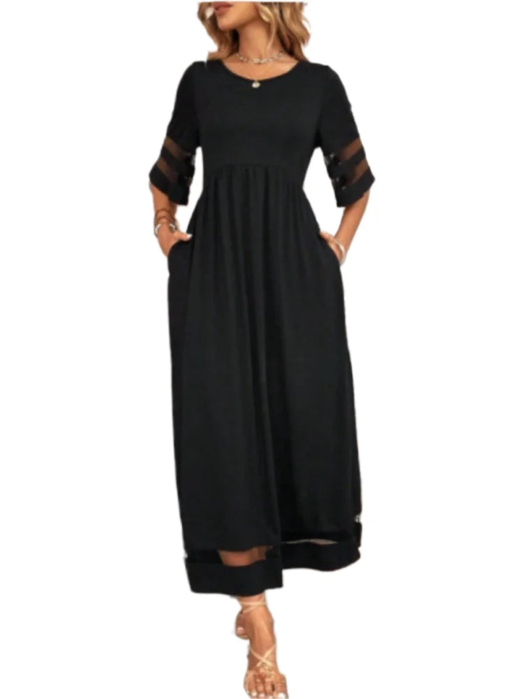 Black Dress – Sheer O-Neck Casual Office Outfit — detail view