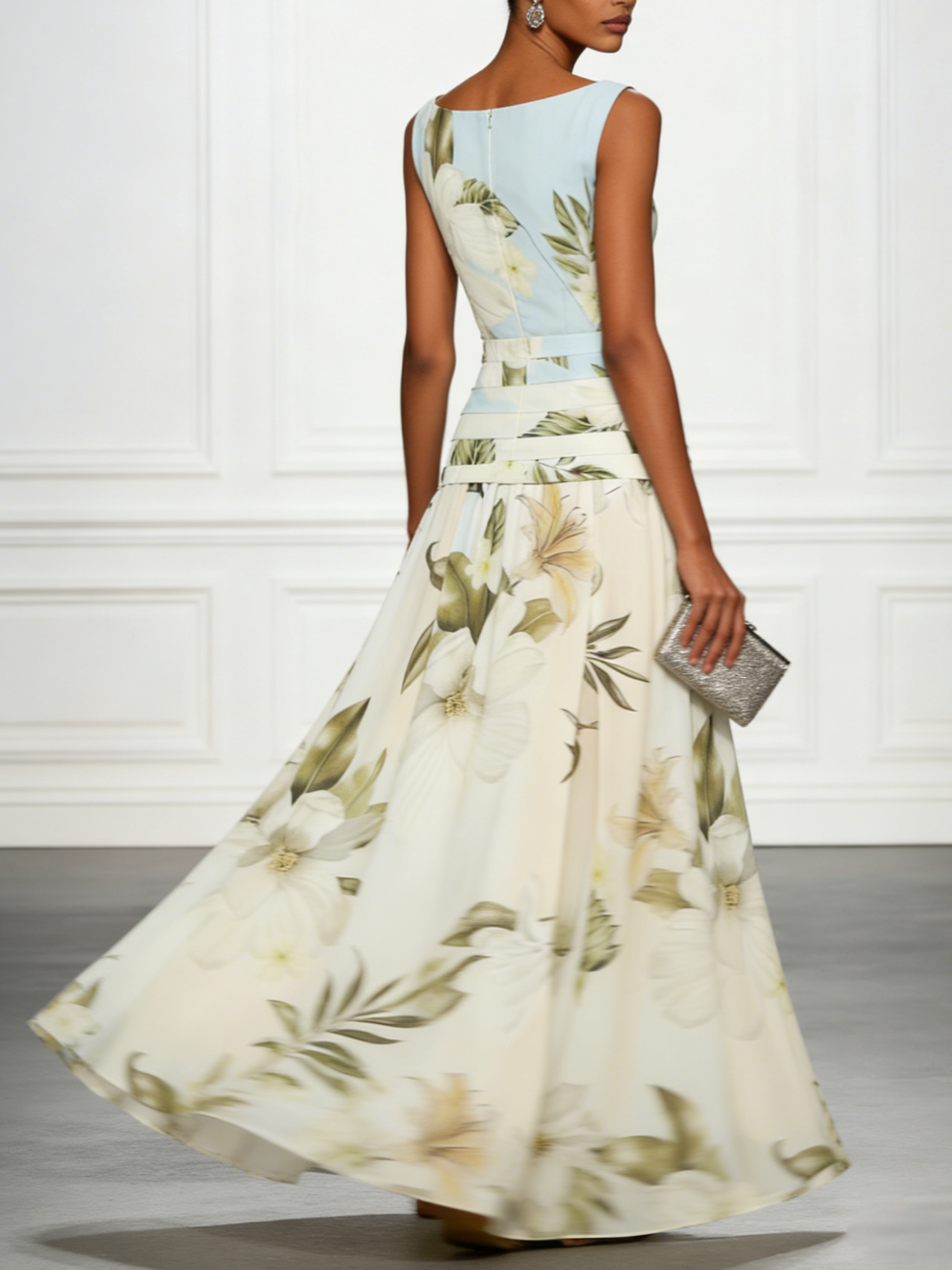 Boat Neck Floral Print Sleeveless Maxi Dress — back view