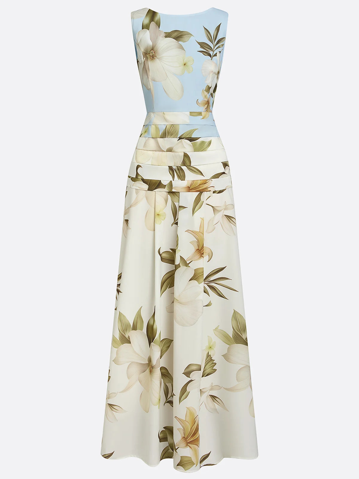Boat Neck Floral Print Sleeveless Maxi Dress — detail view