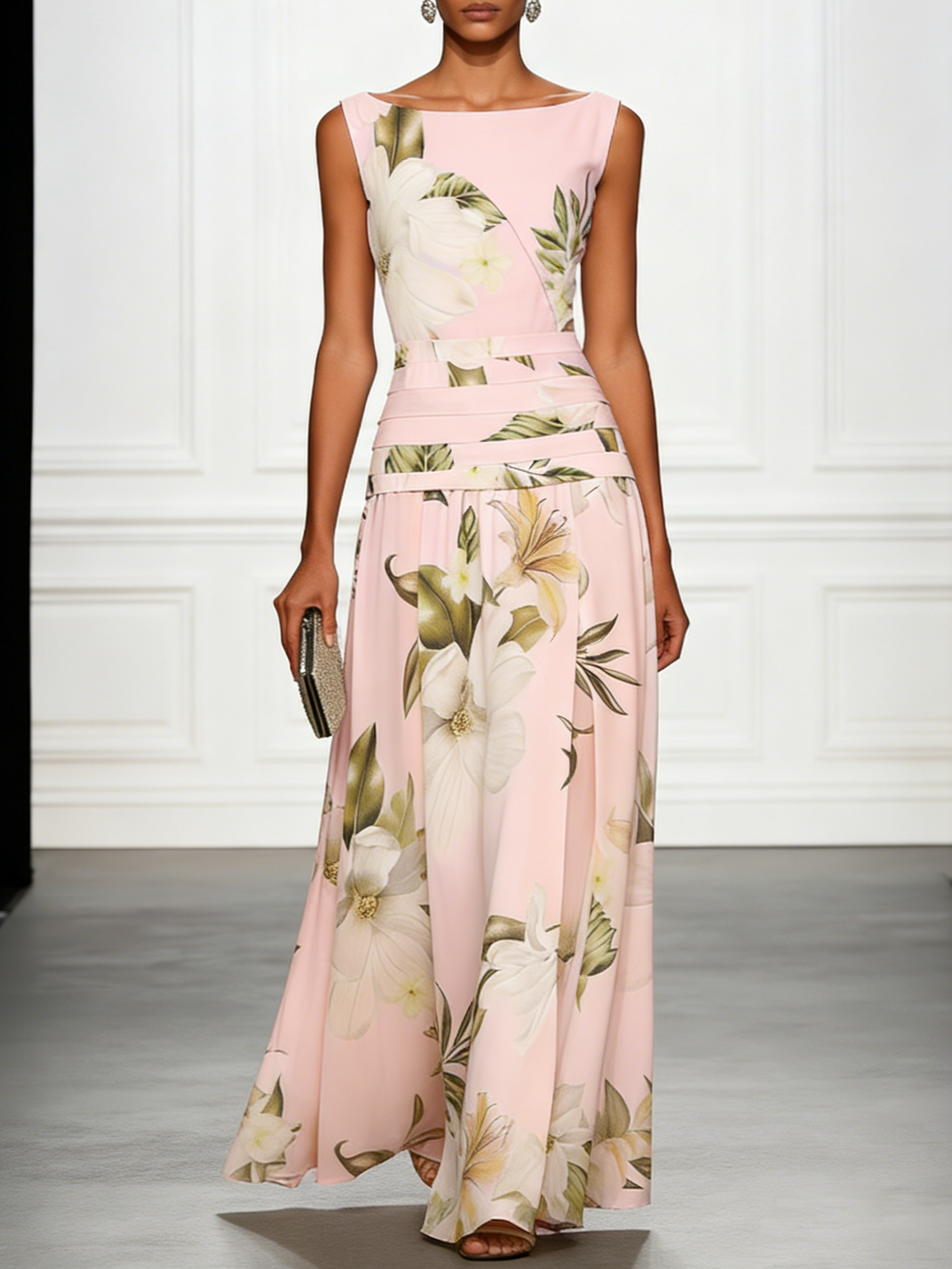 Boat Neck Floral Print Sleeveless Maxi Dress — fit overview