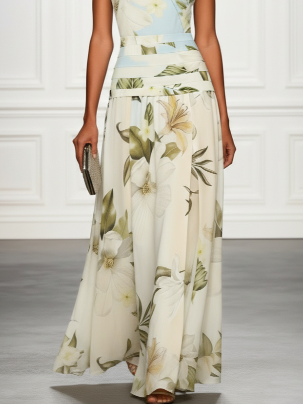 Boat Neck Floral Print Sleeveless Maxi Dress — side view