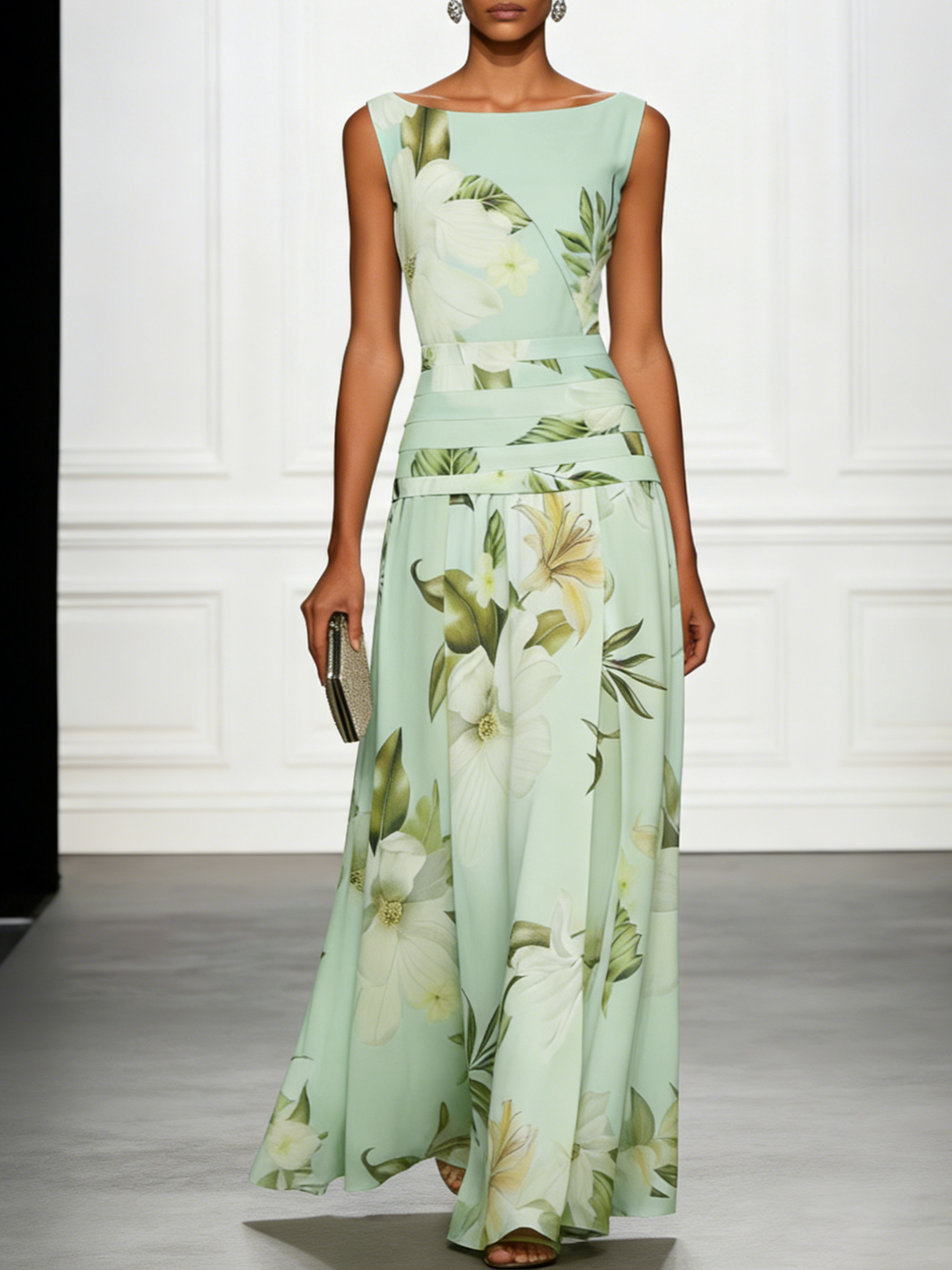 Boat Neck Floral Print Sleeveless Maxi Dress — styling detail