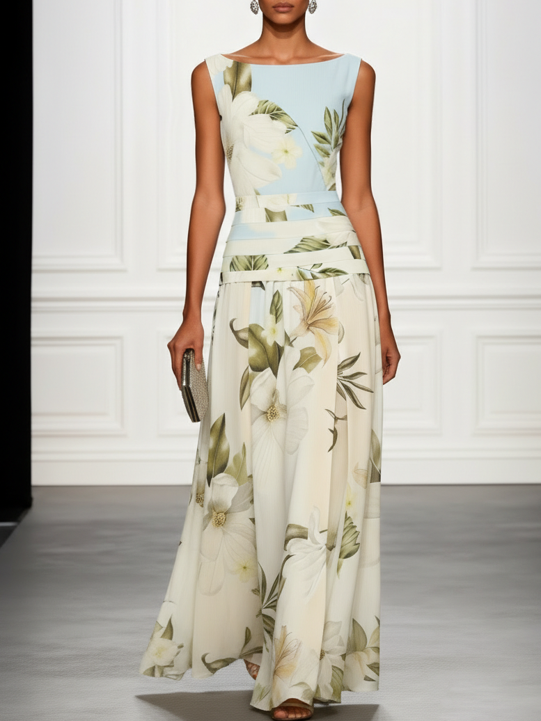 Boat Neck Floral Print Sleeveless Maxi Dress