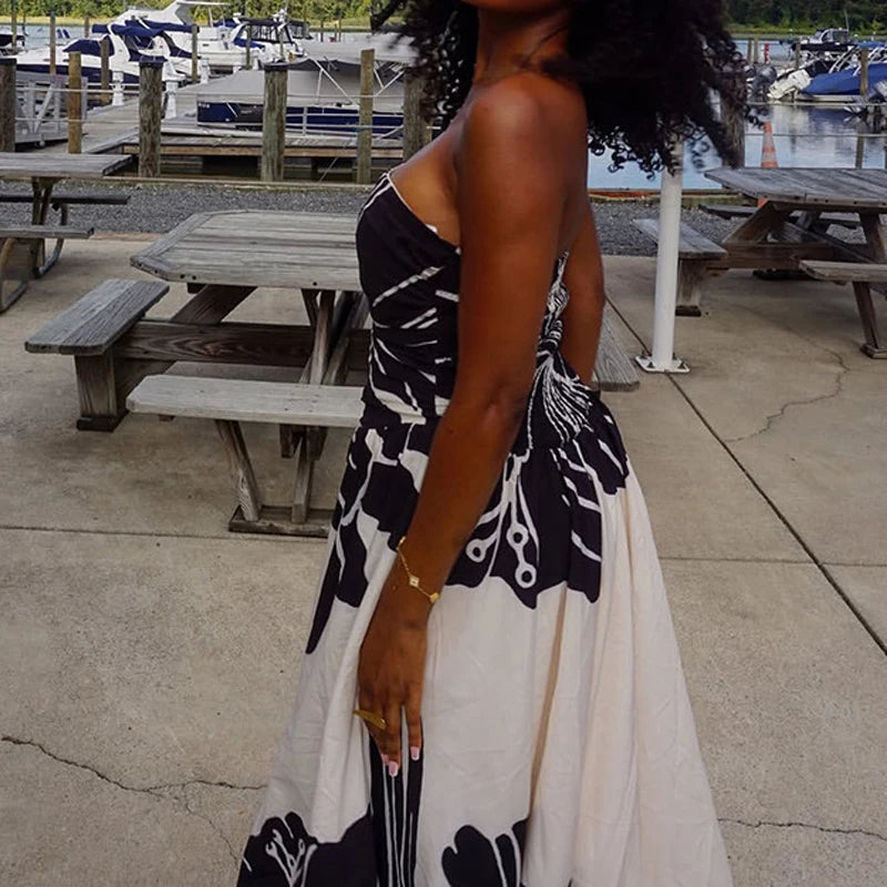 Bohemian Beach Dress – Elegant Strapless Summer Look for Wedding Guests — close-up