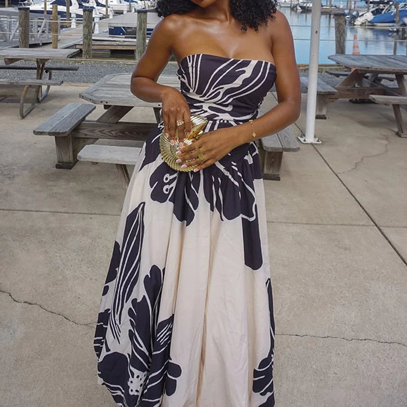 Bohemian Beach Dress – Elegant Strapless Summer Look for Wedding Guests — model wearing