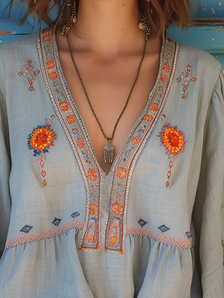 Bohemian Embroidered V-Neck Summer Blouse — back view