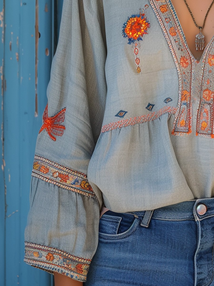 Bohemian Embroidered V-Neck Summer Blouse — detail view