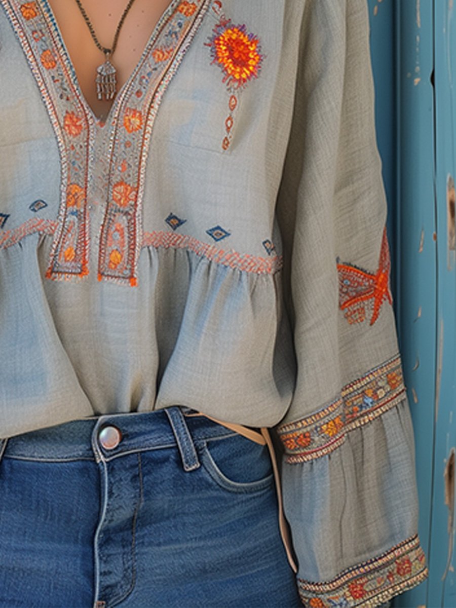 Bohemian Embroidered V-Neck Summer Blouse — model wearing