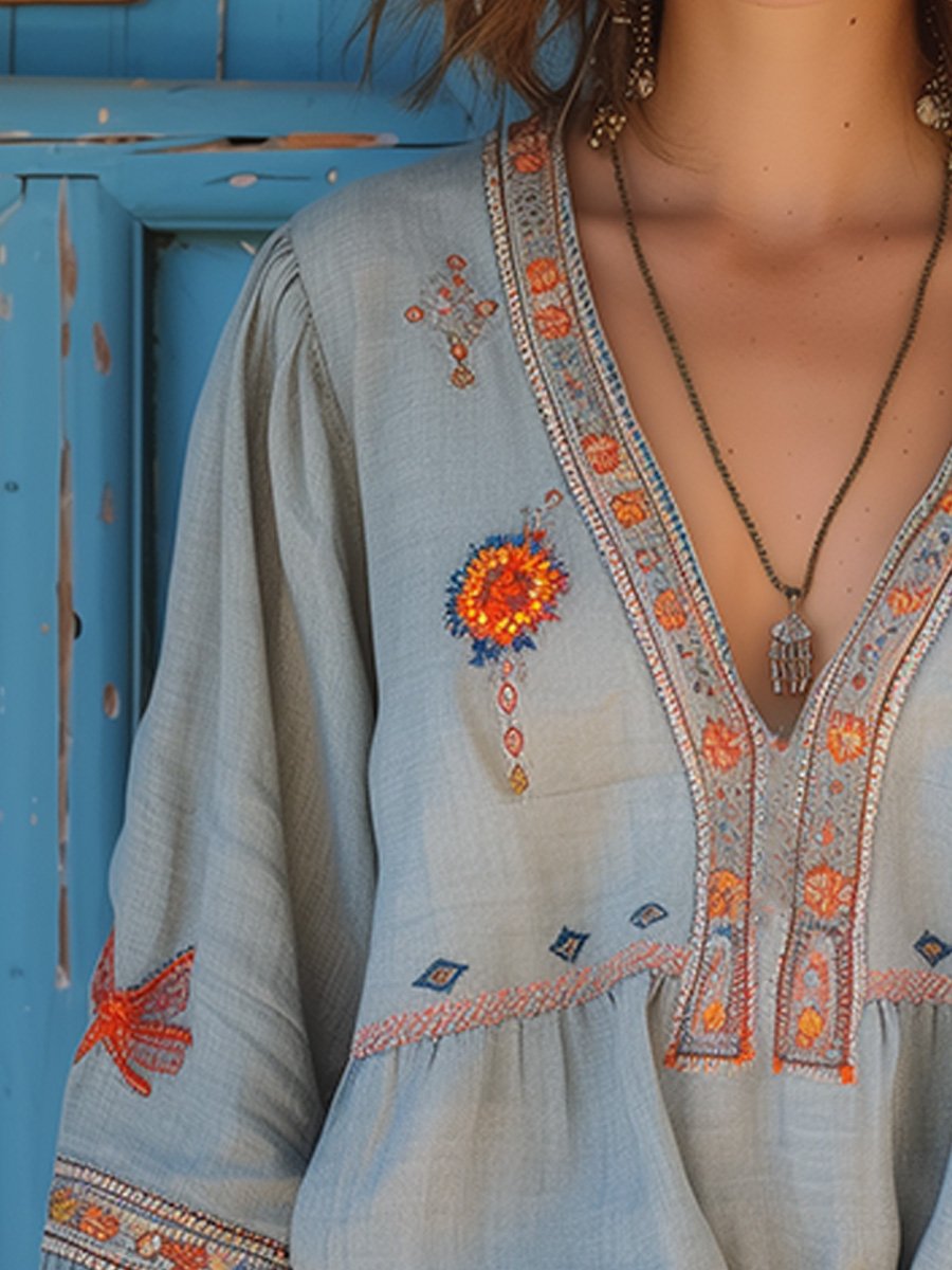 Bohemian Embroidered V-Neck Summer Blouse — side view