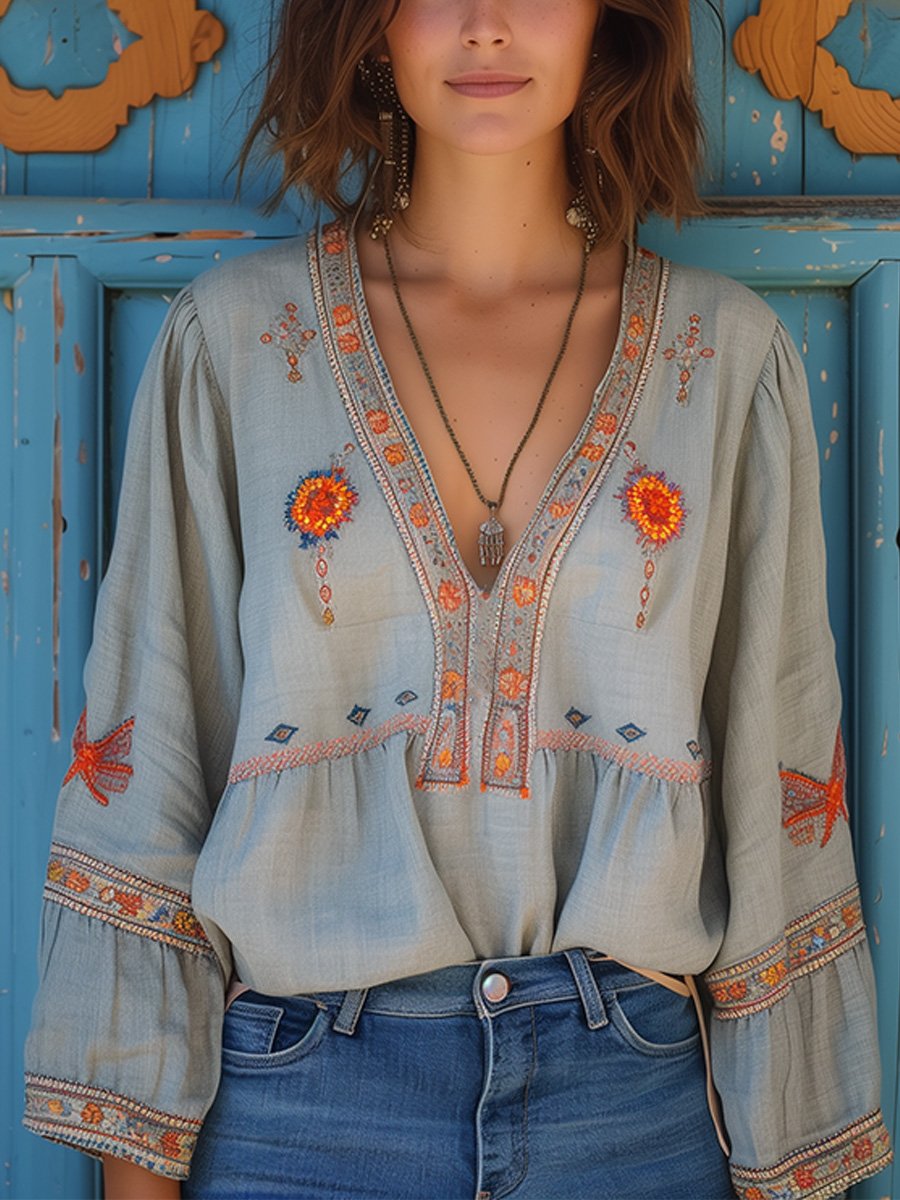 Bohemian Embroidered V-Neck Summer Blouse