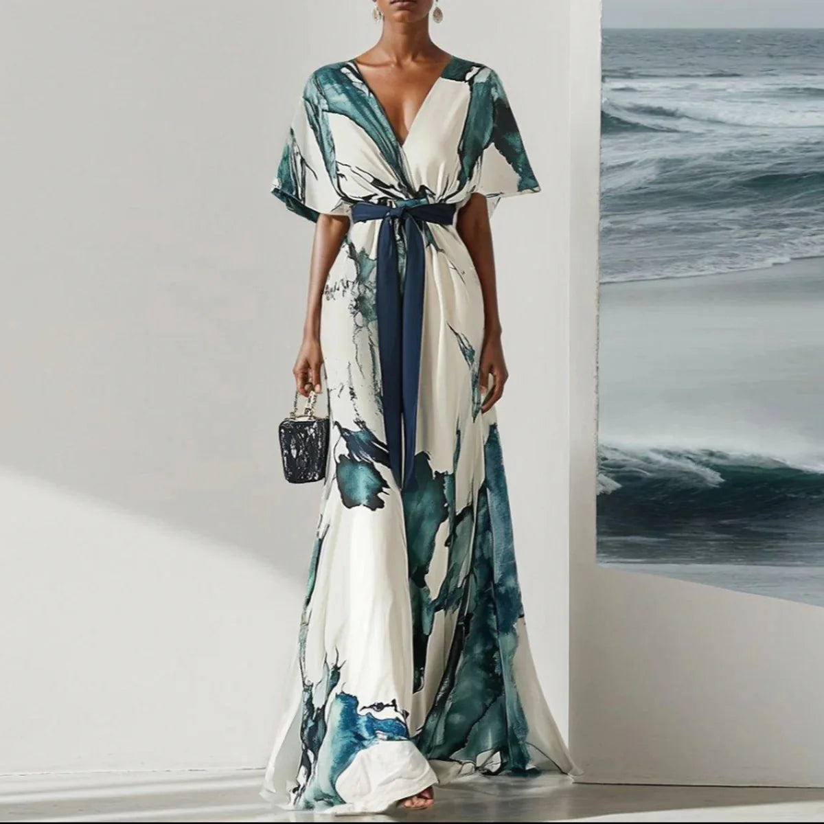 Bohemian Floral Maxi Dress – Elegant Deep V Neck for Summer Parties — model wearing