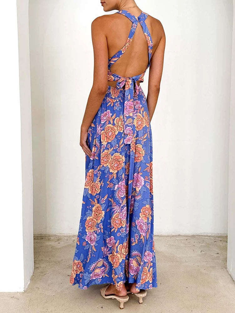 Bohemian Floral Maxi Dress – Sleeveless Breezy Summer Style — close-up