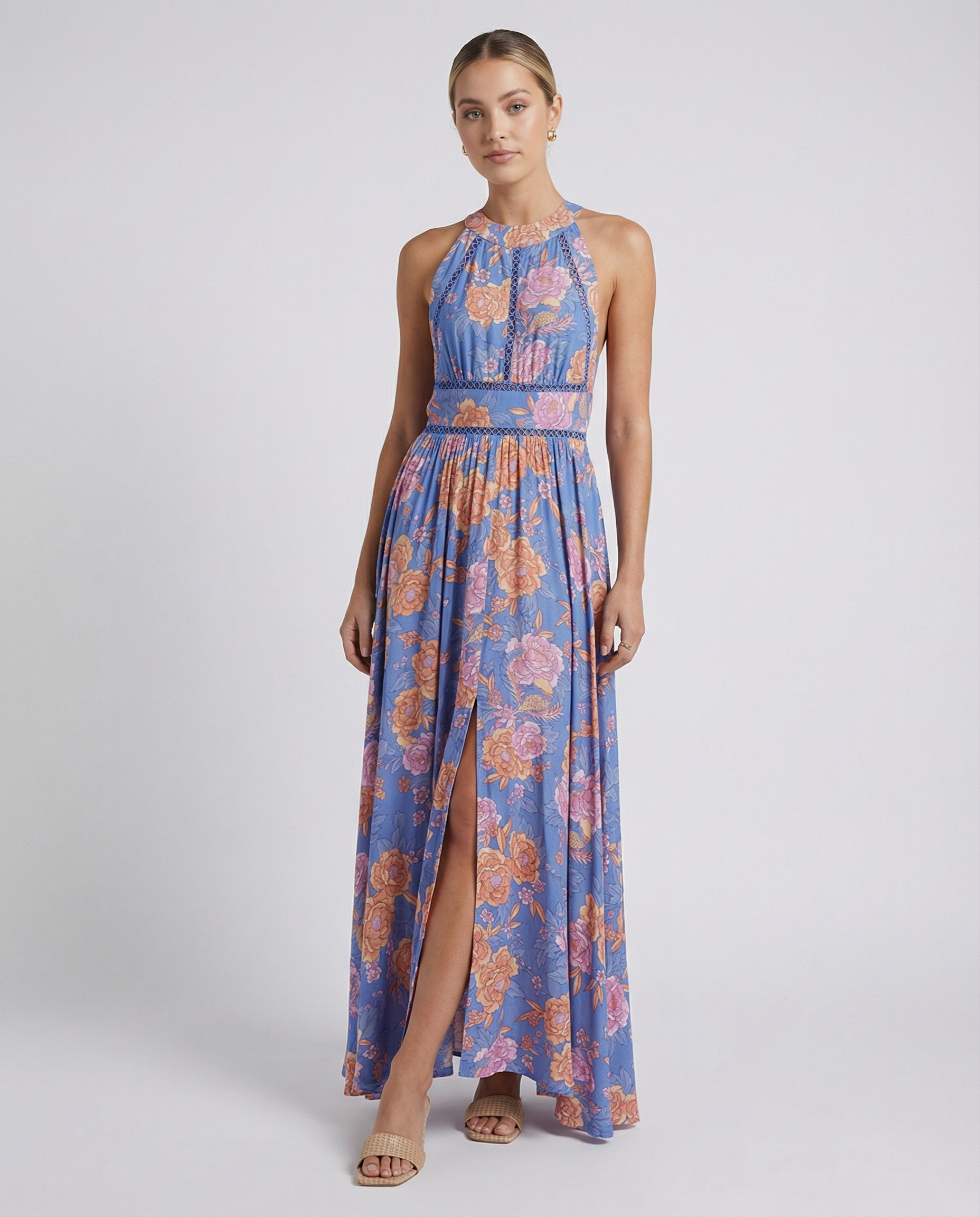 Bohemian Floral Maxi Dress – Sleeveless Breezy Summer Style — detail view