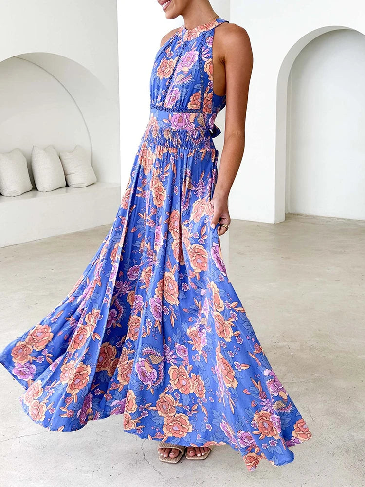 Bohemian Floral Maxi Dress – Sleeveless Breezy Summer Style — model wearing