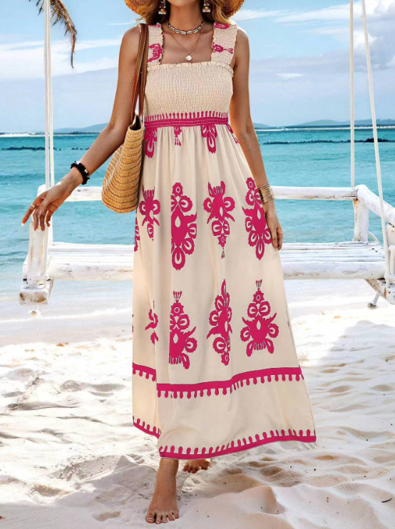 Bohemian Floral Print Long Maxi Dress for Vacation Days — close-up