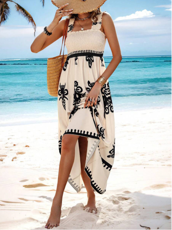 Bohemian Floral Print Long Maxi Dress for Vacation Days — detail view
