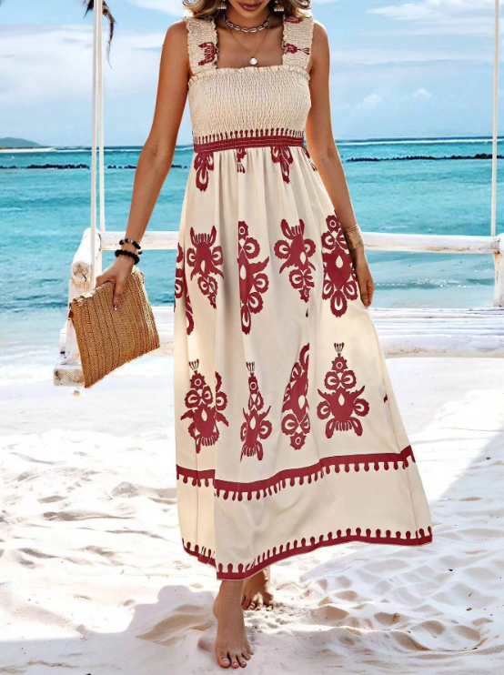 Bohemian Floral Print Long Maxi Dress for Vacation Days — front close-up