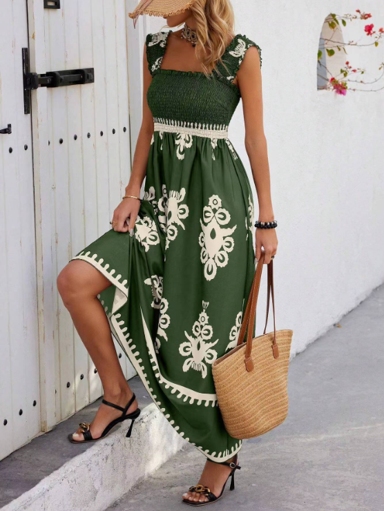 Bohemian Floral Print Long Maxi Dress for Vacation Days — side view