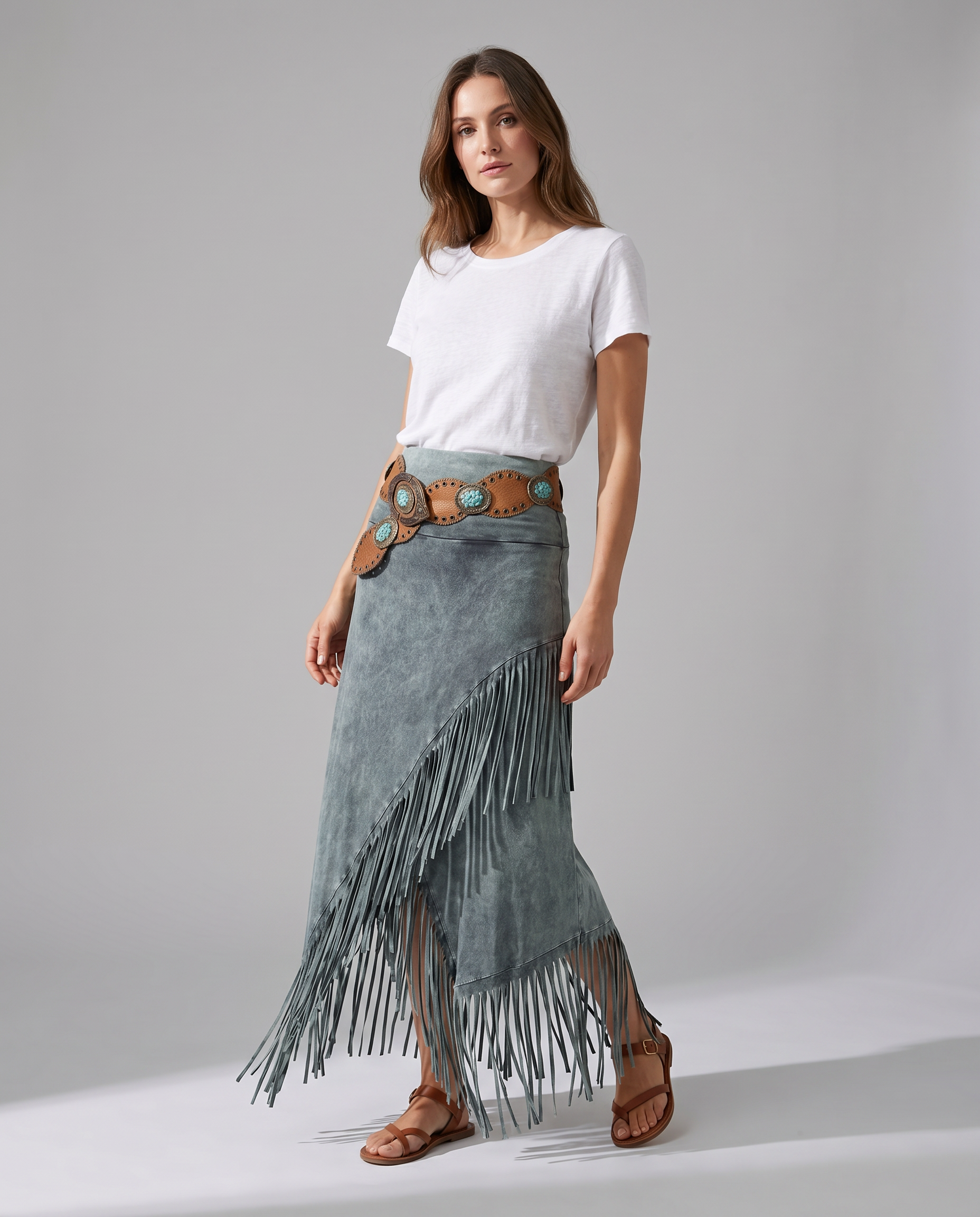 Bohemian Gray Fringe Maxi Skirt with Elastic Waist — back view