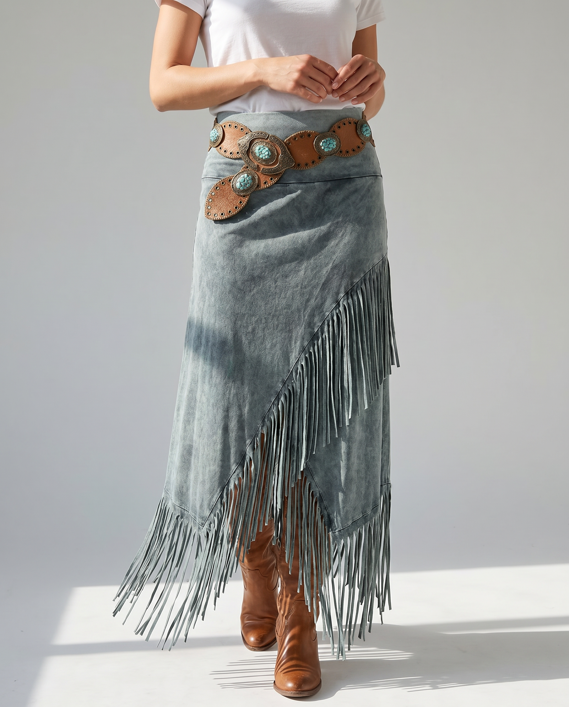 Bohemian Gray Fringe Maxi Skirt with Elastic Waist — close-up