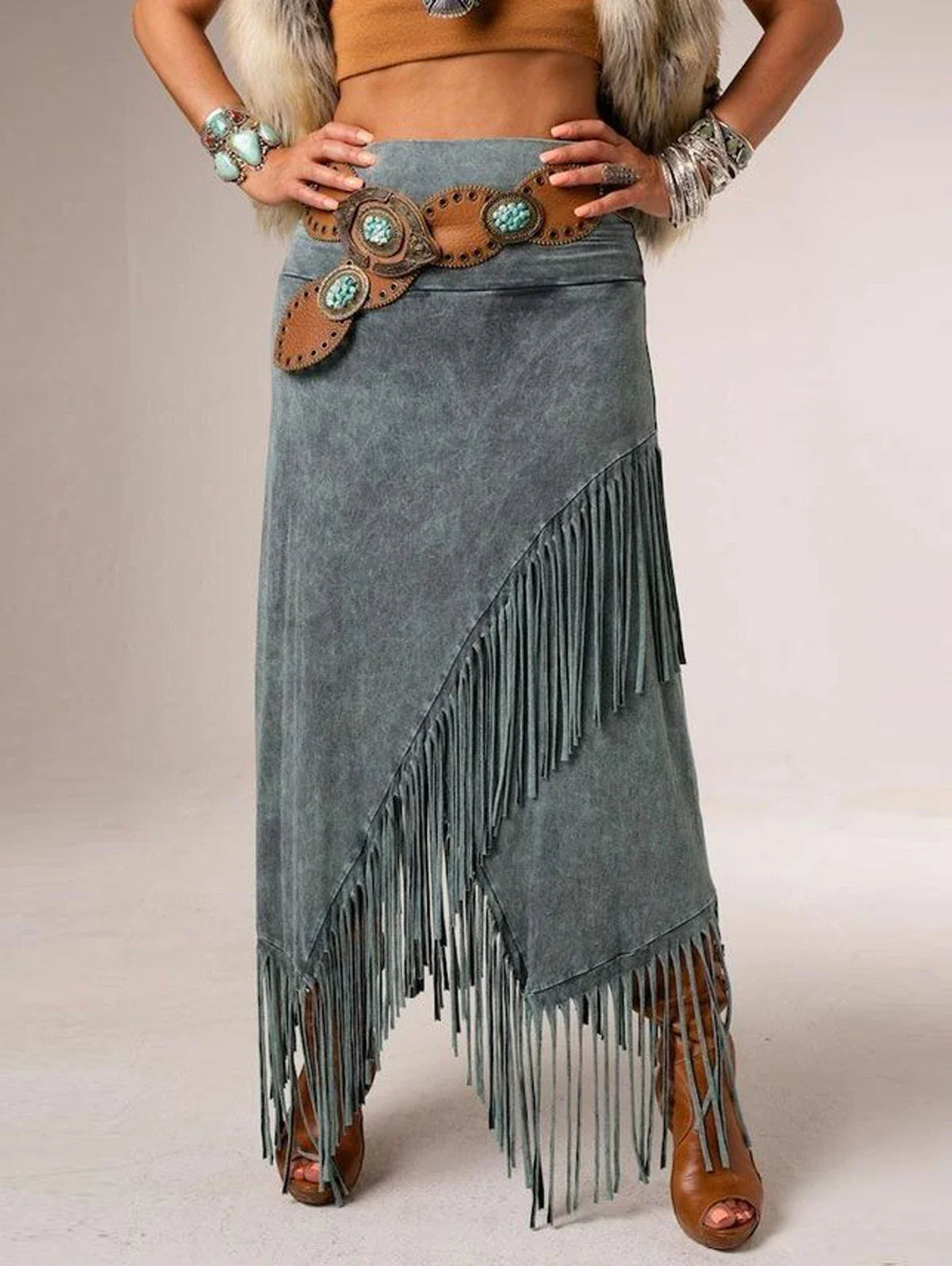 Bohemian Gray Fringe Maxi Skirt with Elastic Waist — detail view