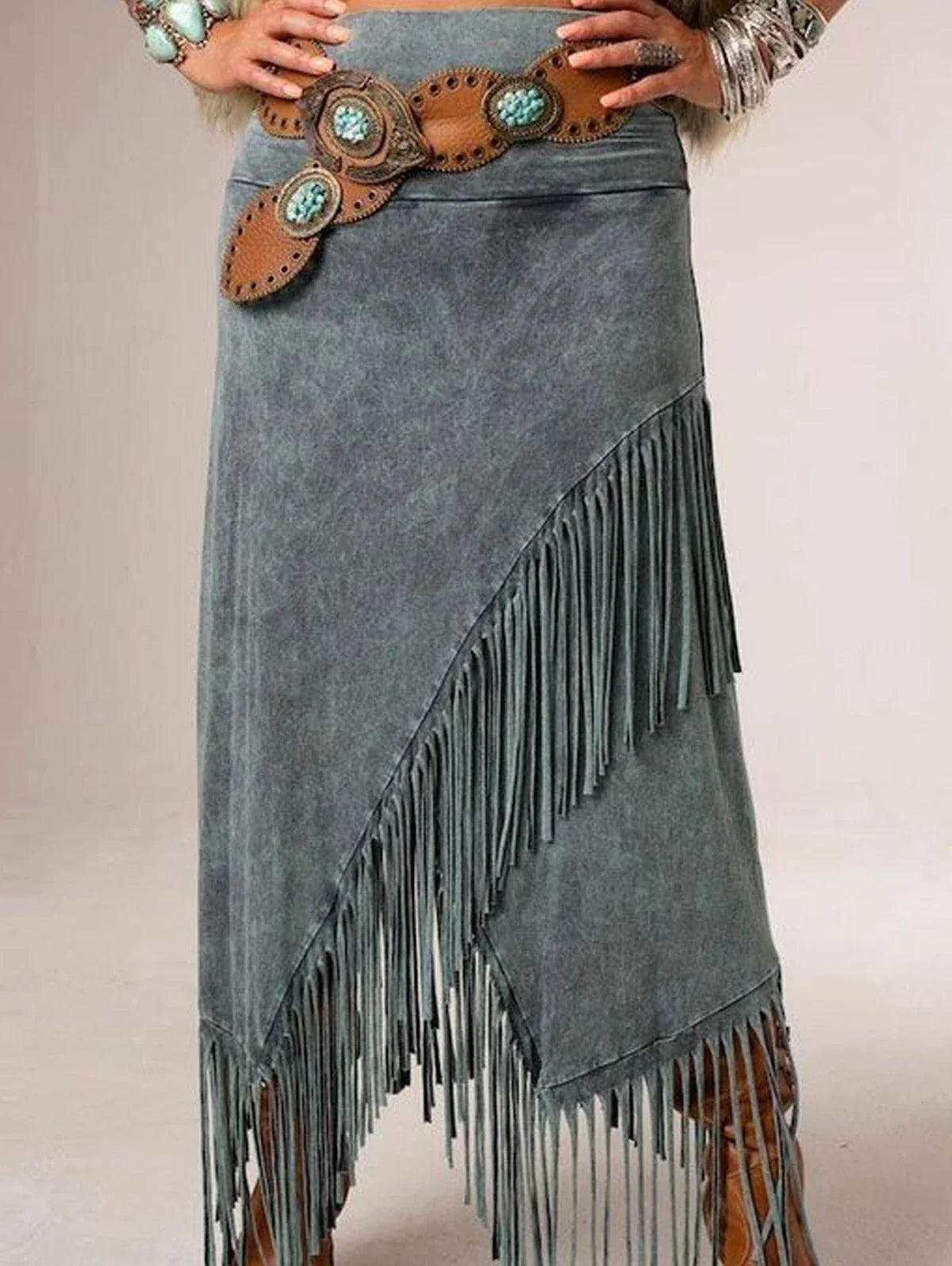 Bohemian Gray Fringe Maxi Skirt with Elastic Waist — model wearing