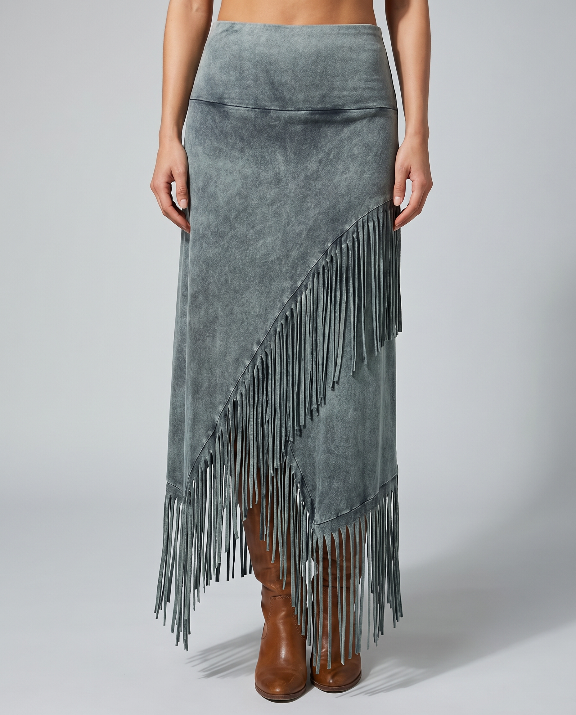 Bohemian Gray Fringe Maxi Skirt with Elastic Waist — side view
