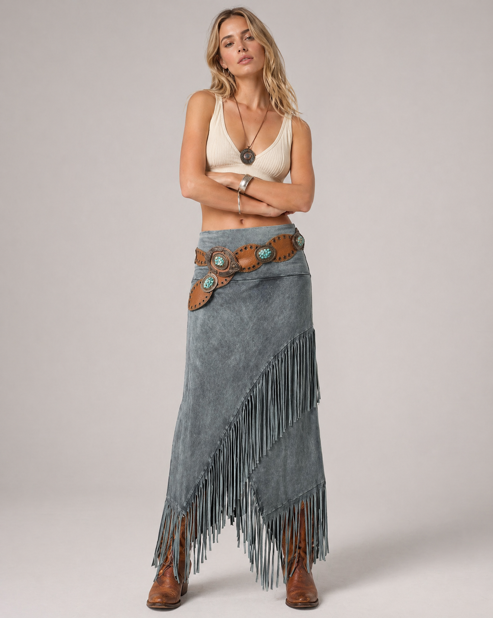 Bohemian Gray Fringe Maxi Skirt with Elastic Waist
