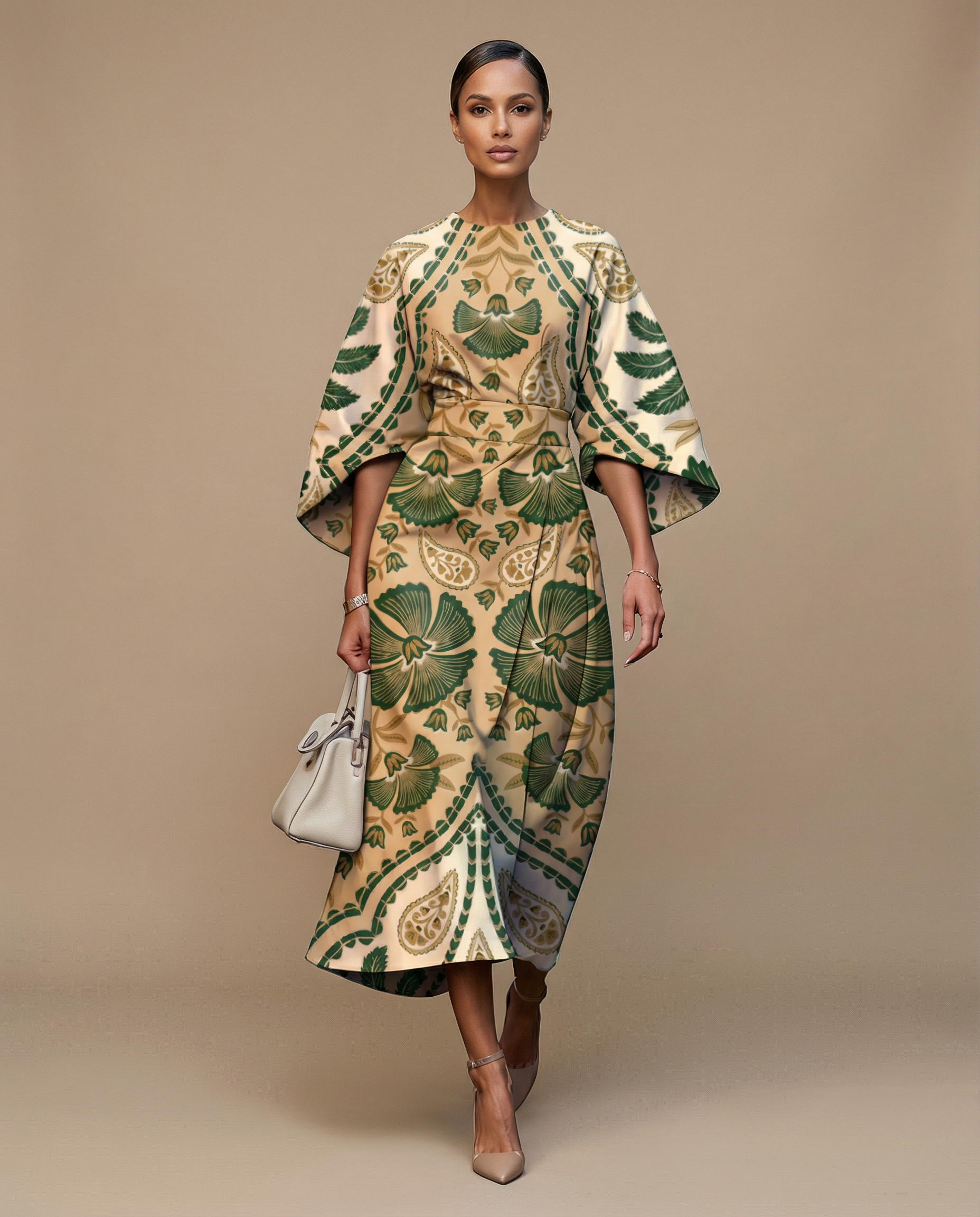 Bohemian Midi Dress – Chic High Waist Design for Summer Office Wear — back view