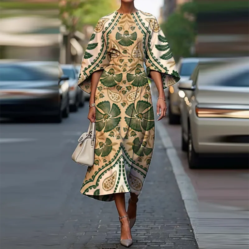 Bohemian Midi Dress – Chic High Waist Design for Summer Office Wear — close-up