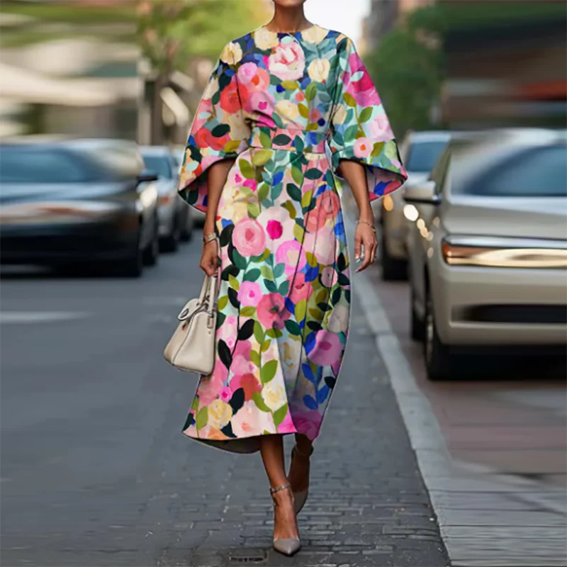 Bohemian Midi Dress – Chic High Waist Design for Summer Office Wear — front close-up