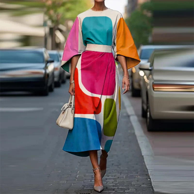 Bohemian Midi Dress – Chic High Waist Design for Summer Office Wear — model wearing