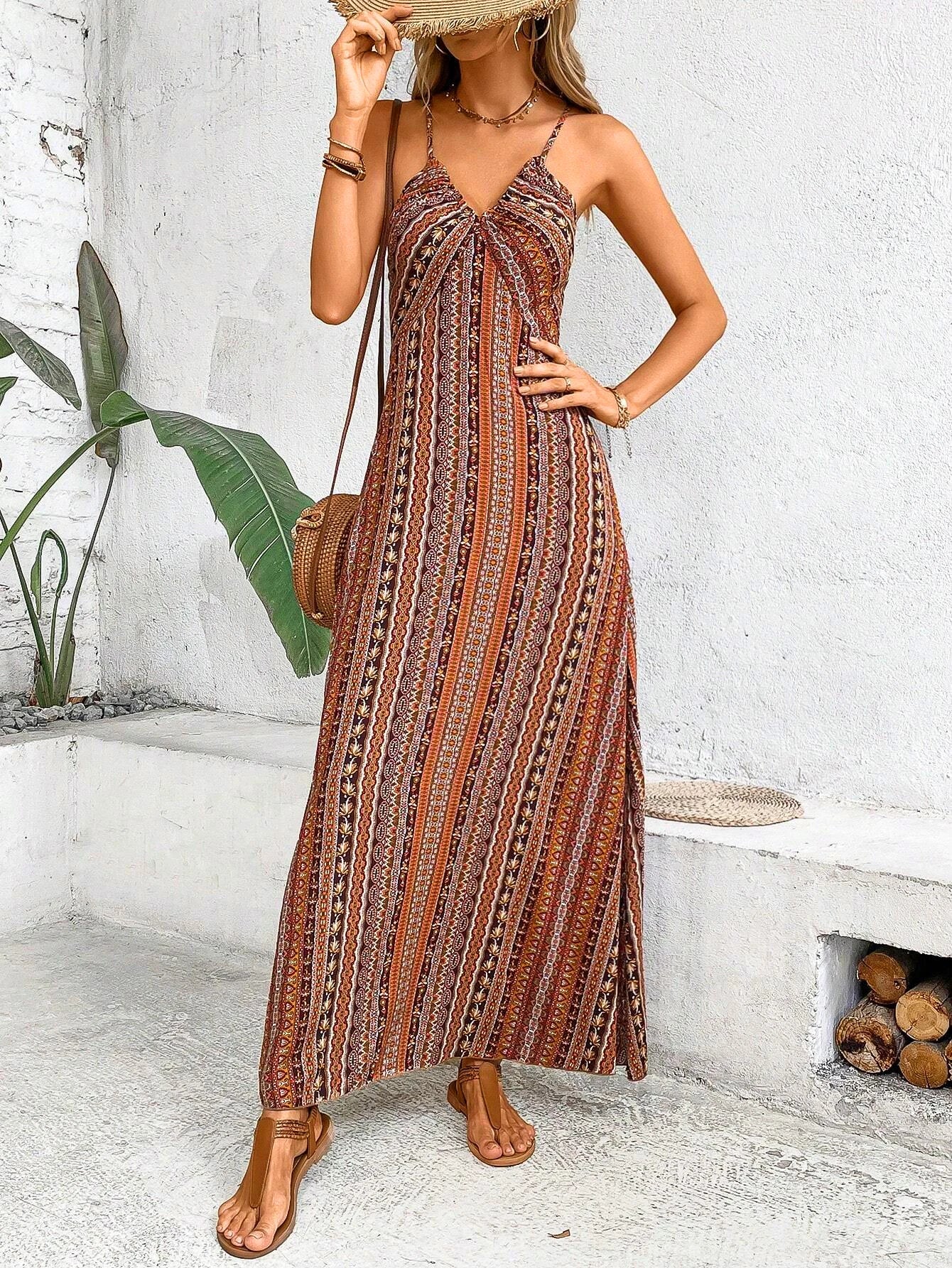 Boho Ethnic Maxi Dress – Backless Split Thigh Design for Summer Outings — close-up