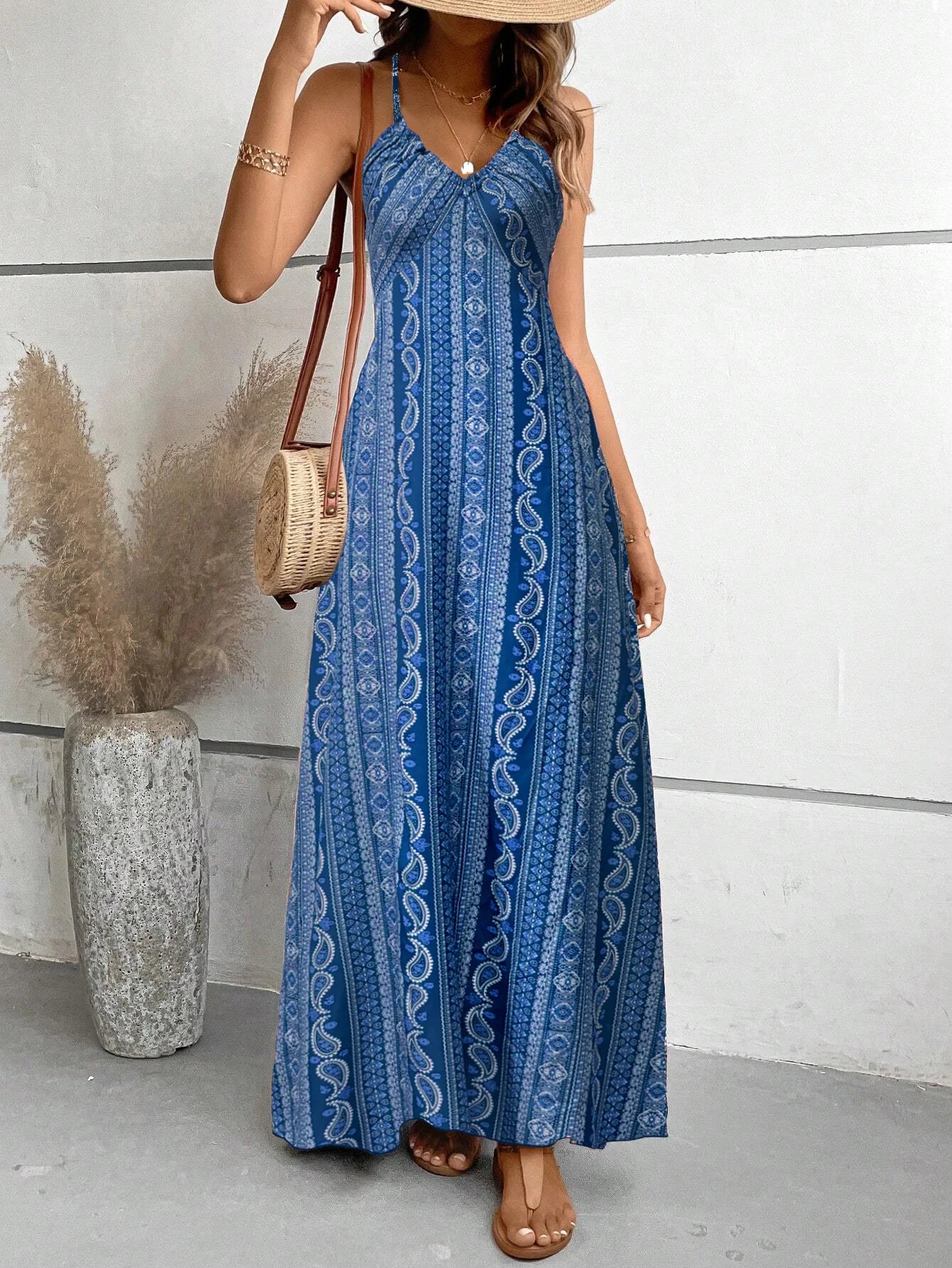 Boho Ethnic Maxi Dress – Backless Split Thigh Design for Summer Outings — fabric detail