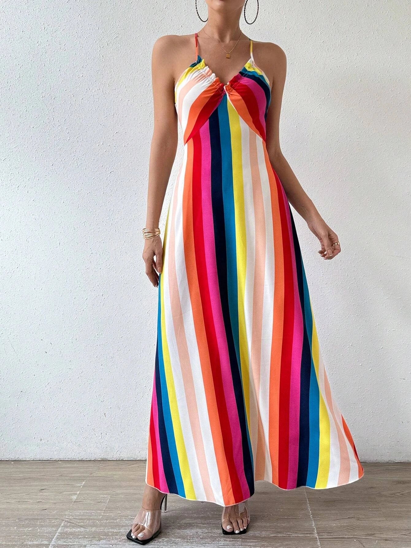 Boho Ethnic Maxi Dress – Backless Split Thigh Design for Summer Outings — model wearing