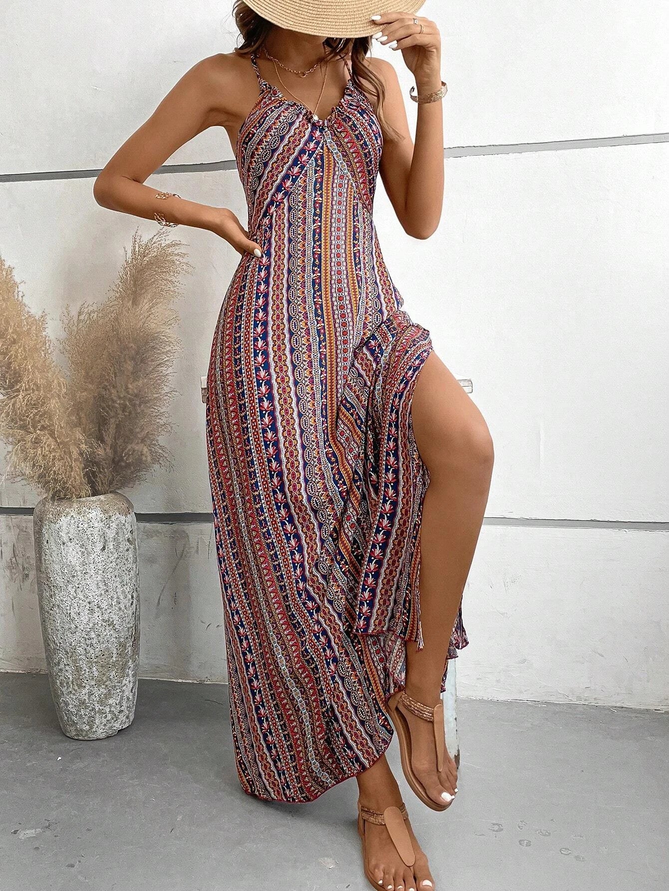 Boho Ethnic Maxi Dress – Backless Split Thigh Design for Summer Outings — side view