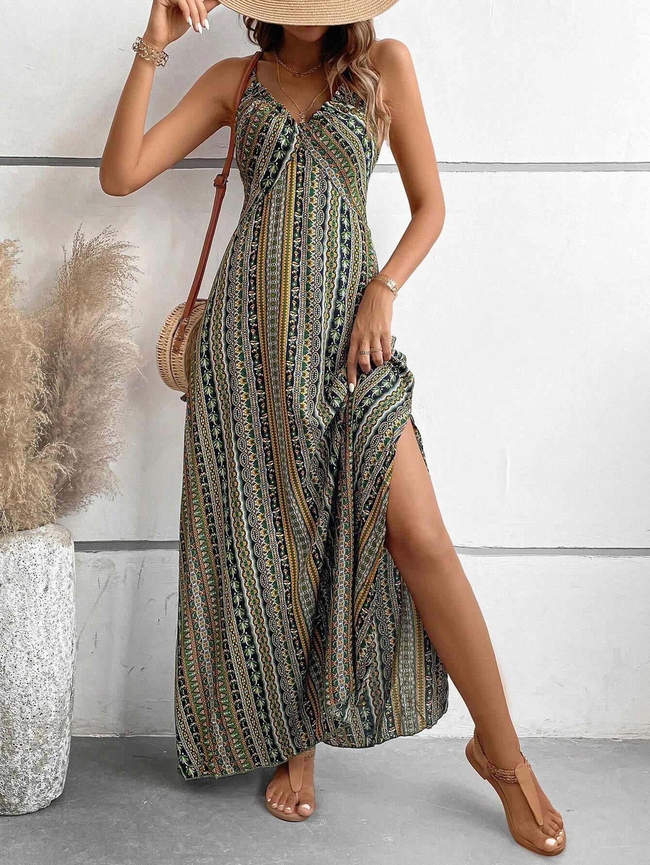 Boho Ethnic Maxi Dress – Backless Split Thigh Design for Summer Outings