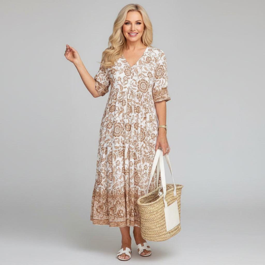 Boho Floral Block Print Tiered Midi Dress — back view