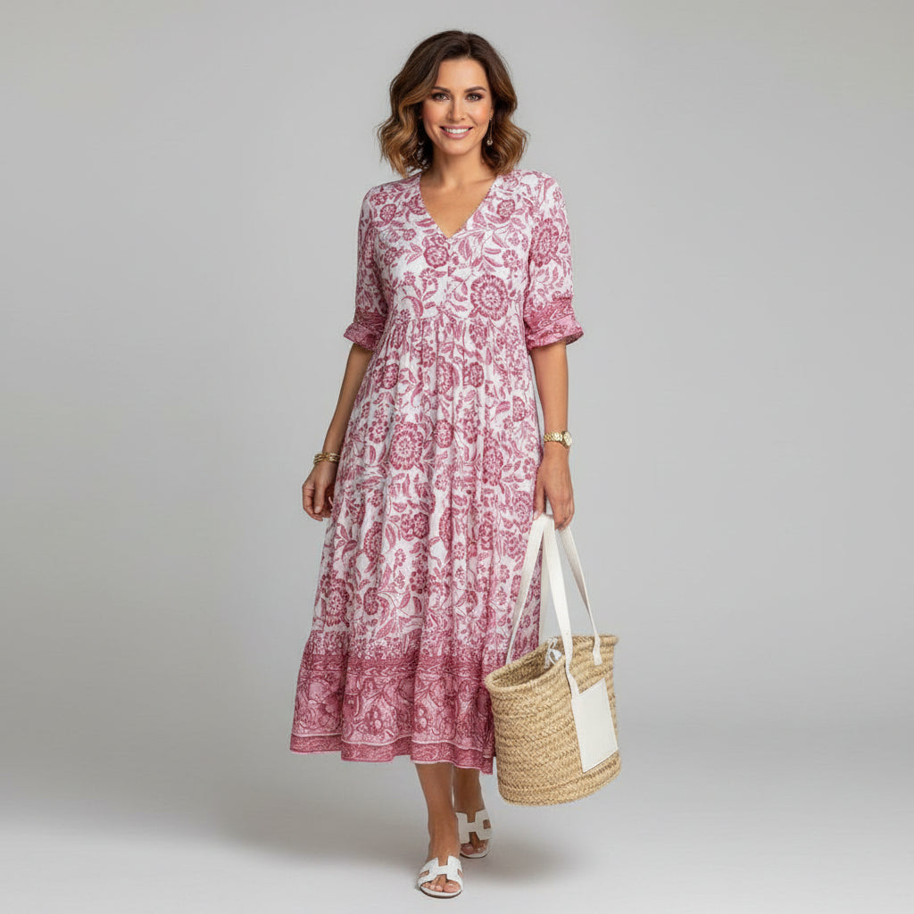 Boho Floral Block Print Tiered Midi Dress — detail view