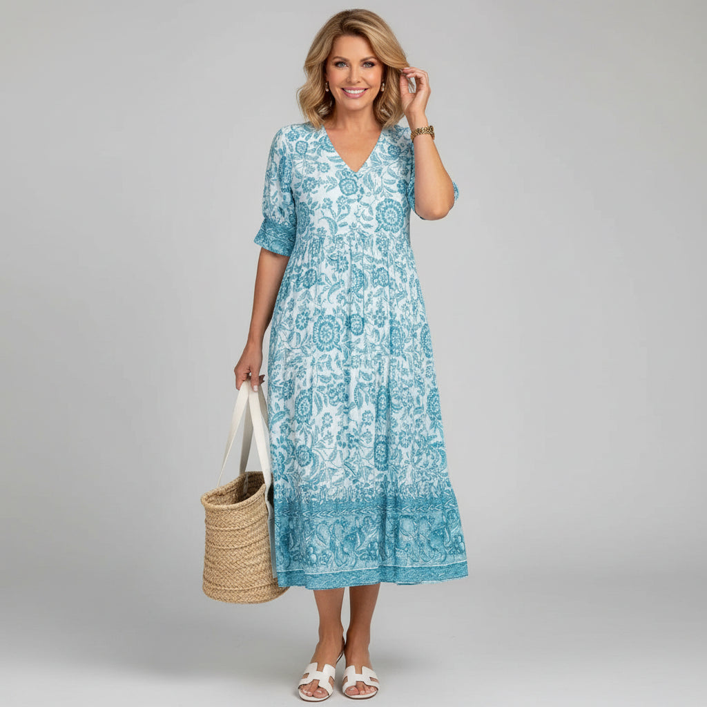 Boho Floral Block Print Tiered Midi Dress — model wearing