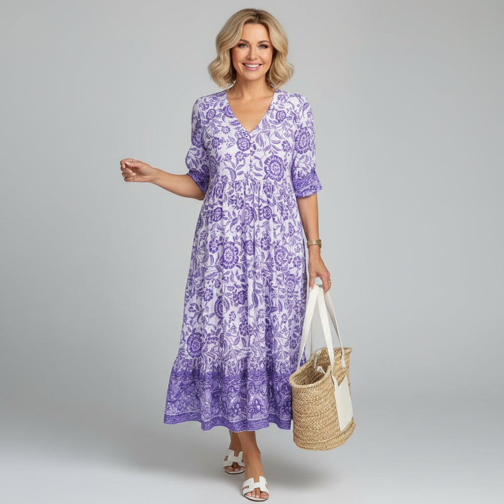 Boho Floral Block Print Tiered Midi Dress — side view
