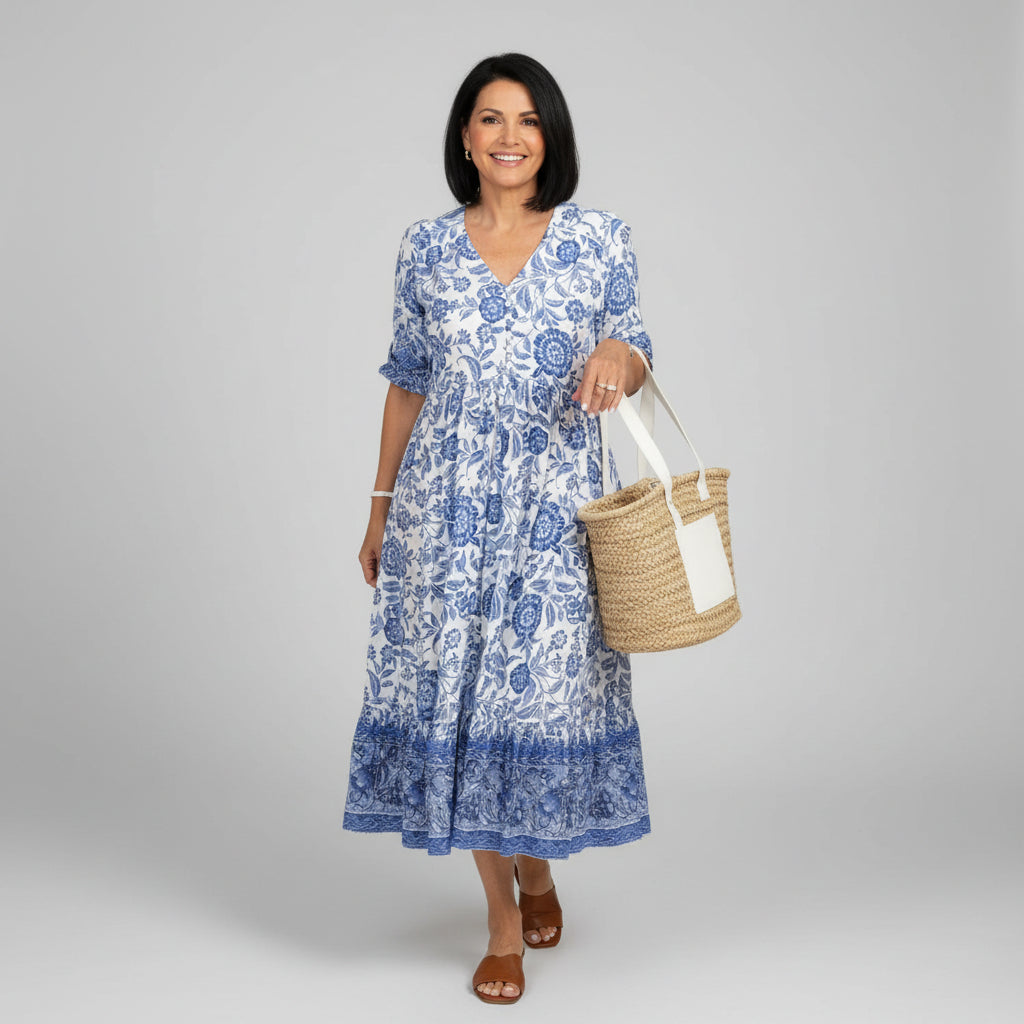 Boho Floral Block Print Tiered Midi Dress