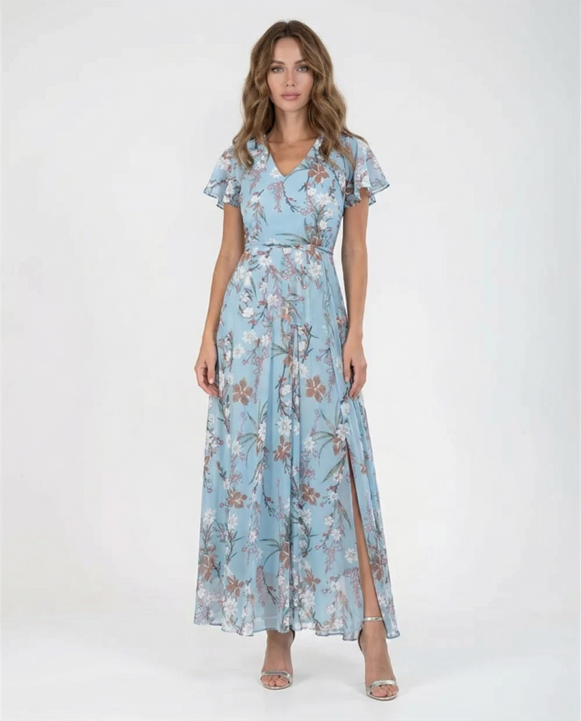 Floral Maxi Dress – Elegant Ruffle Sleeve Design for Effortless Summer Style — back view