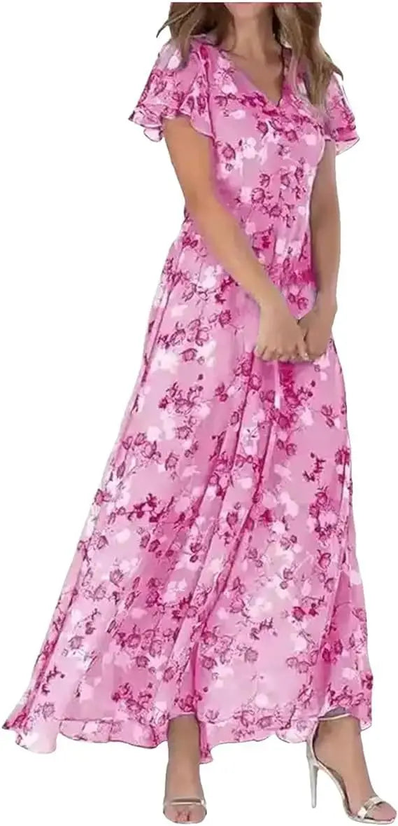 Floral Maxi Dress – Elegant Ruffle Sleeve Design for Effortless Summer Style — close-up
