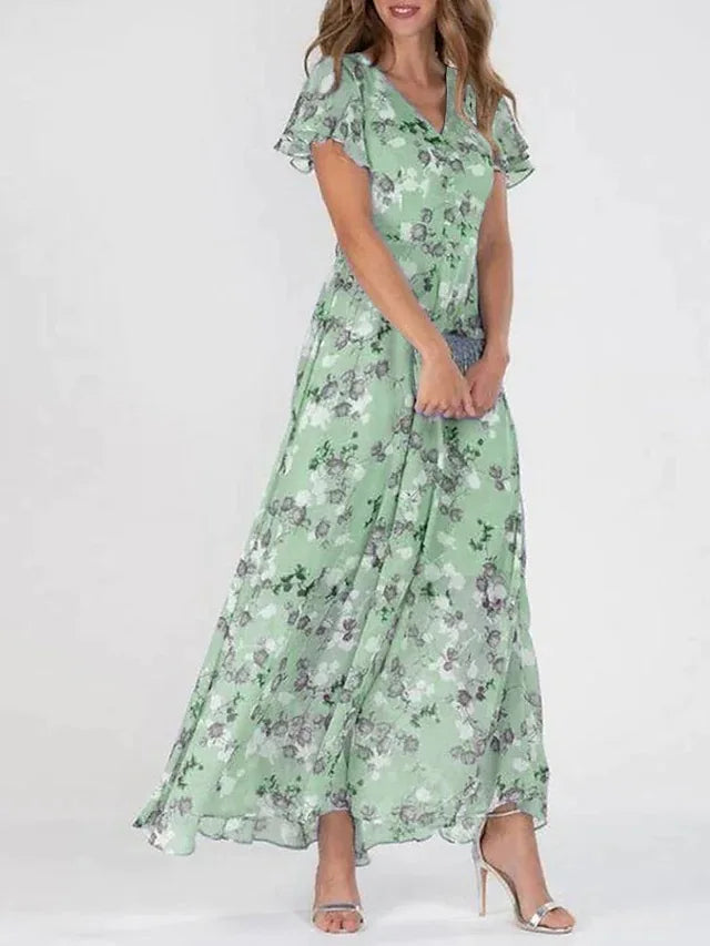 Floral Maxi Dress – Elegant Ruffle Sleeve Design for Effortless Summer Style — model wearing