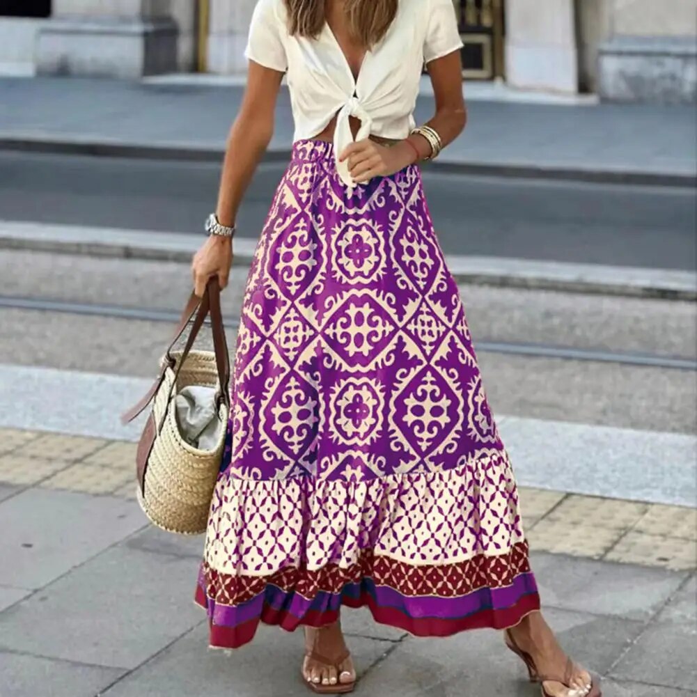 Boho Floral Print High-Waist Ruffle Maxi Skirt — back view
