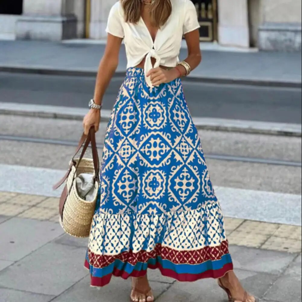 Boho Floral Print High-Waist Ruffle Maxi Skirt — detail view