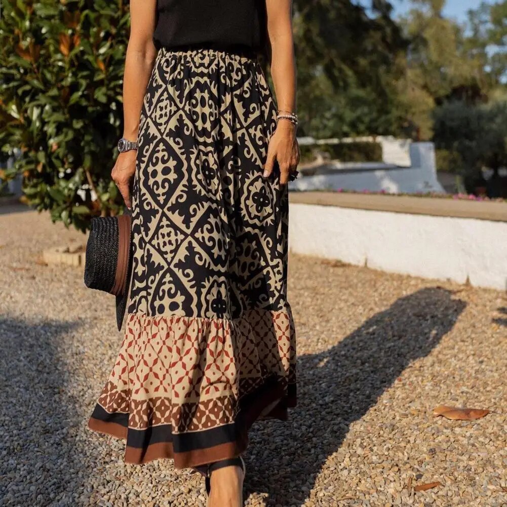 Boho Floral Print High-Waist Ruffle Maxi Skirt — model wearing